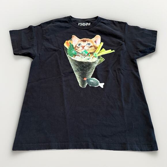 Neff Mens Black Sushi Cat Graphic Print Short Sleeve T-Shirt Size L LARGE - Picture 1 of 7